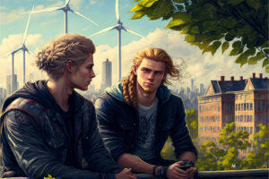 Two young men sitting in front of a utopian city landscape with wind turbines Created by Midjourney